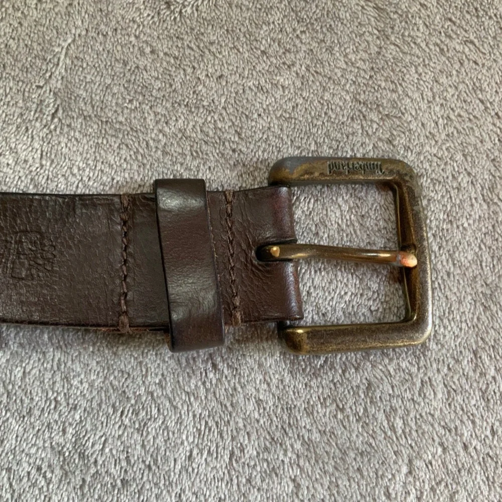 Timberland Mens Brown Leather Belt Brass Buckle Logo Embossed Size 36 38